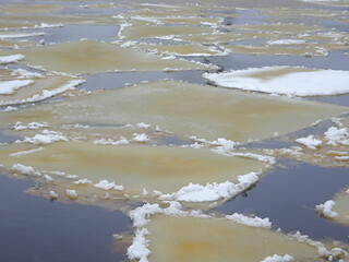 ice floes floating on the river during the spring ice drift