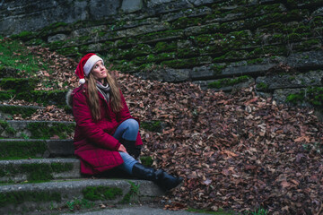 Santa Hat Lady on Steps