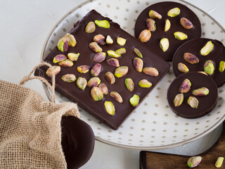 Chocolate with pistachios on a nice plate