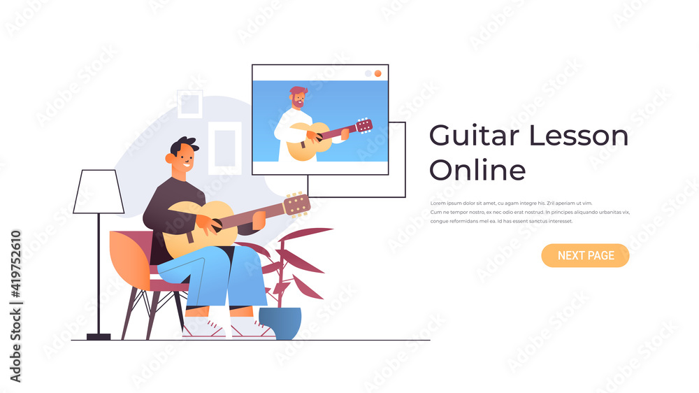 Poster man playing guitar with teacher in web browser window during virtual conference online music lesson 