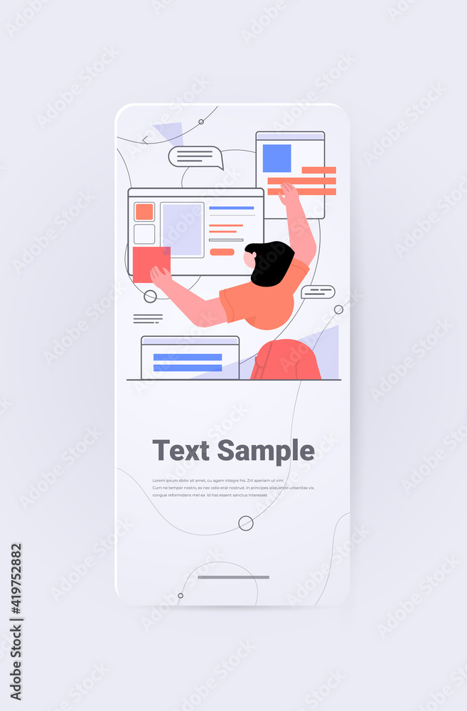 Poster businesswoman developer creating computer app user interface application development concept vertica