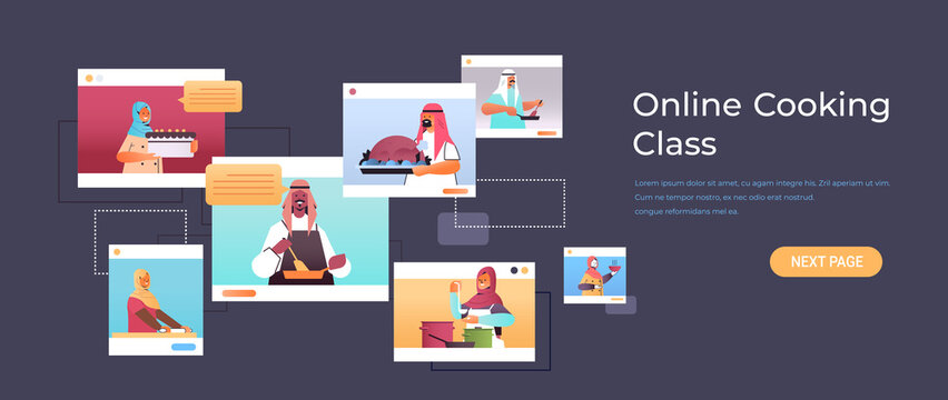set arabic food bloggers preparing dishes arab chefs in web browser windows online cooking class concept portrait horizontal copy space vector illustration