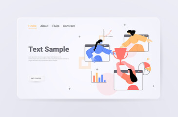 successful businesswomen in web browser windows holding trophy cup victory achievement concept horizontal copy space portrait vector illustration