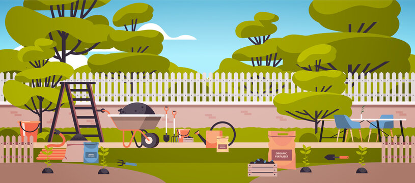 different garden and farm tools gardening equipment in backyard eco farming agriculture concept horizontal vector illustration