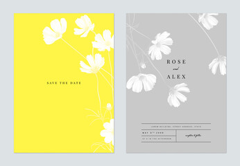 Floral wedding invitation card template design, monochrome cosmos flowers with leaves on yellow and grey, two tones color