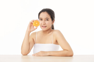 Obraz na płótnie Canvas woman with sliced orange on white