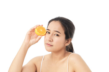 Obraz na płótnie Canvas woman with sliced orange on white