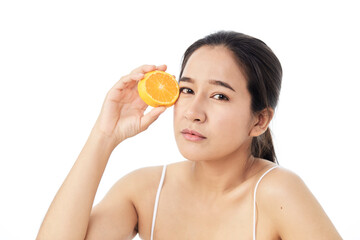 woman with sliced orange on white