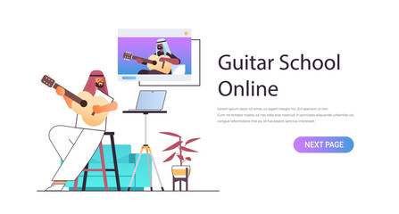 arab man playing guitar with arabic teacher in web browser window during virtual conference online music school concept horizontal copy space vector illustration