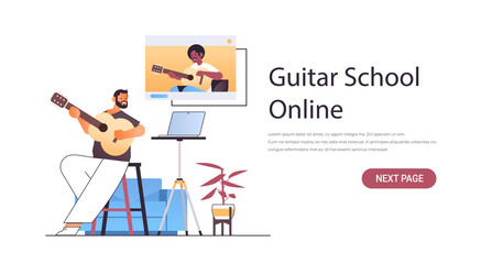 man playing guitar with african american teacher in web browser window during virtual conference online music school concept horizontal copy space vector illustration