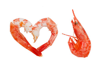 tiger shrimp shape heart isolated on white background, healthy food and seafood