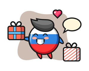 Russia flag badge mascot cartoon giving the gift