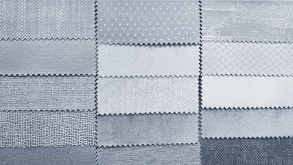 close up catalog of interior luxury fabric sample chart showing multi texture ,pattern and color tone. interior drapery and curtain samples in grey ,silver color palette. metallic fabric samples.  - obrazy, fototapety, plakaty