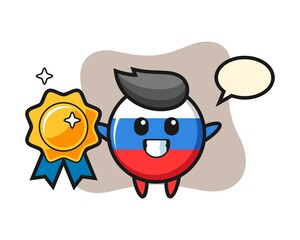 Russia flag badge mascot illustration holding a golden badge