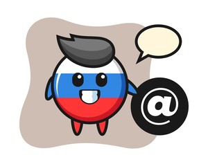 Cartoon illustration of russia flag badge standing beside the At symbol