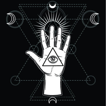 Mystical symbol: the human hand in a wreath has an all-seeing divine eye. Sacred geometry, signs of the moon. Vector illustration isolated on a black background. Print, poster, t-shirt, card.