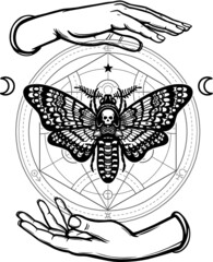 Human hands hold a moth the Dead Head. Alchemical circle. Symbols of the moon. Mysticism, esoteric, sorcery. Coloring book. Vector illustration isolated on a white background.