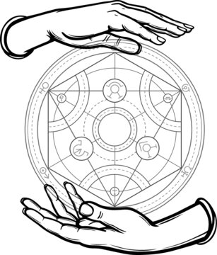 Human hands hold Alchemical circle. Vector illustration isolated on a white background.