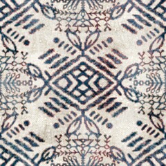 Seamless grungy tribal ethnic tapestry rug motif pattern. High quality illustration. Distressed old looking native style design in faded colors. Old artisan textile seamless pattern.