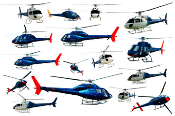 Collection of helicopters flying isolated on white background