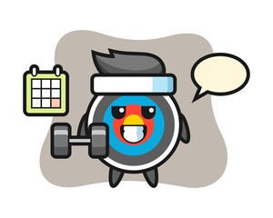 Target archery mascot cartoon doing fitness with dumbbell