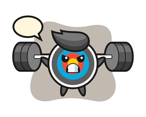 Target archery mascot cartoon with a barbell