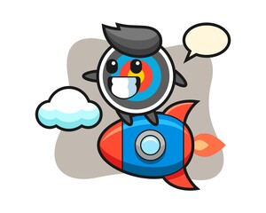 Target archery mascot character riding a rocket