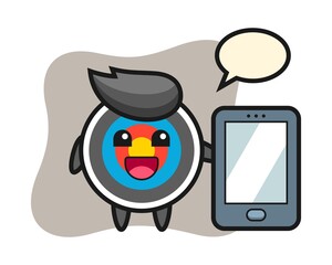 Target archery illustration cartoon holding a smartphone