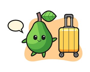 Avocado cartoon illustration with luggage on vacation