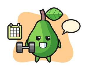 Avocado mascot cartoon doing fitness with dumbbell