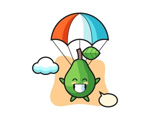 Avocado mascot cartoon is skydiving with happy gesture