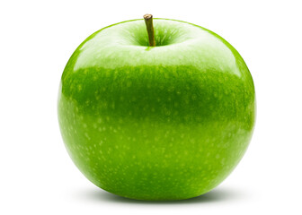 Green apple on white isolated background. Organic Fresh Granny smith apple. Healthy fruit food. Macro close-up. Food Photography. Good for poster, billboard or backdrop.