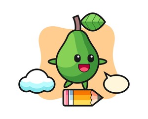Avocado mascot illustration riding on a giant pencil