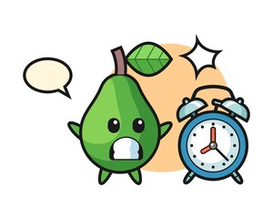 Cartoon illustration of avocado is surprised with a giant alarm clock