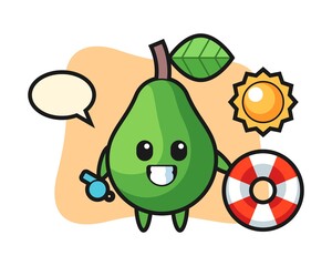 Cartoon mascot of avocado as a beach guard