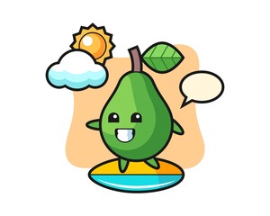 Illustration of avocado cartoon do surfing on the beach