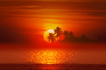 tropical island and sea sunset
