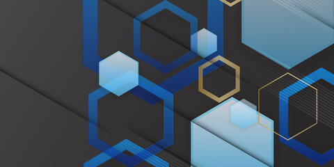 Vector banner design, blue and black background with hexagon pattern 