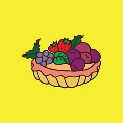 fruit pie icon with blueberry, blackberry, grape and strawberry toppings. pie vector illustration on yellow background. sweet dessert. hand drawn vector. doodle art for logo, label, poster, wallpaper 