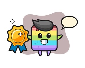 Rainbow cake mascot illustration holding a golden badge