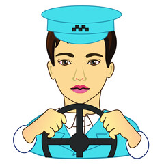emoji with retro taxi driver holding a wheel while driving the car and wearing a cap with checkerboard sign, simple hand drawn emoticon, man simplistic facial expression