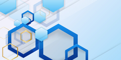 Obraz premium Abstract blue gold futuristic hexagon - Molecules technology with polygonal shapes on dark blue background. Illustration Vector design digital technology concept. 