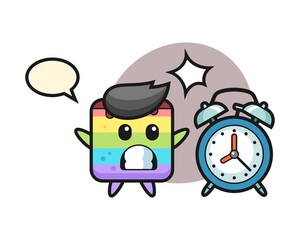 Cartoon illustration of rainbow cake is surprised with a giant alarm clock