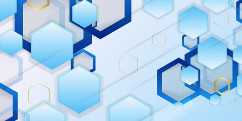 Vector abstract geometric background. Template brochure design. Blue hexagon shape with golden lines