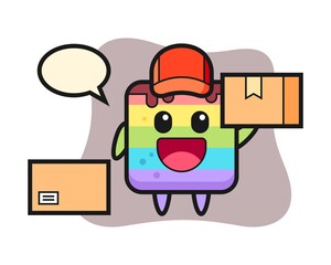 Mascot illustration of rainbow cake as a courier