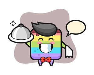 Character mascot of rainbow cake as a waiters