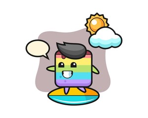 Illustration of rainbow cake cartoon do surfing on the beach