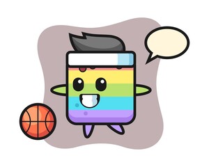 Illustration of rainbow cake cartoon is playing basketball
