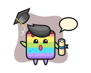 Illustration of rainbow cake cartoon throwing the hat at graduation
