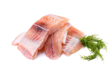 Pangasius fish fillet, pieces on a green lettuce leaf. Isolated on a white background. Fresh Fish Fillet.